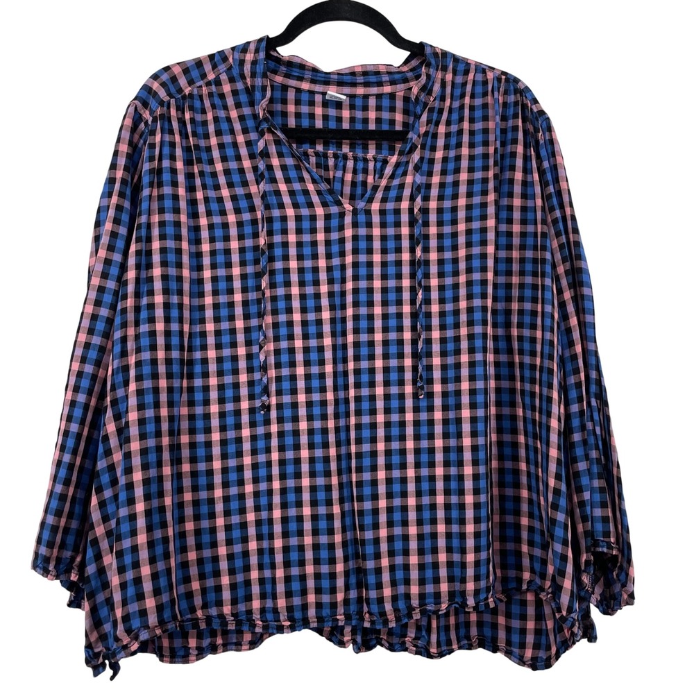 Old Navy Size XL Gingham Plaid Blouse Blue Pink Black Rayon Tie Neck Peasant Top